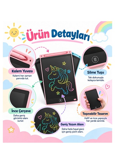 20 İnç Lcd Yazı Ve Çizim Tableti Renkli Ekranlı Tek Tuşla Silme Kalemli Çocuk Not Ve