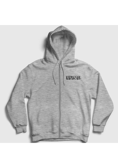 Presmono Unisex Logo Katatonia Fermuarlı Kapüşonlu Sweatshirt Gri Melanj