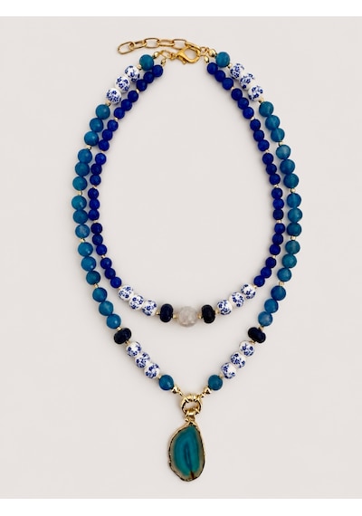 El Yapımı Mavi Kalsedon, Lapis Lazuli & Akik Doğal Taşlı Kolye Seti