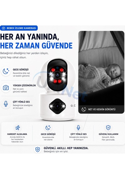 Uninet 5mp Ultra Hd Çift Lensli Wifi Iç Mekân Güvenlik Kamerası Akıllı Hareket Algılama, Gece Görüşü Ve Uzaktan Izleme 355 Derece Dönebilen Ptz Kamera