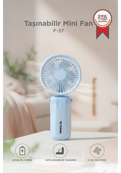 Şarjlı El Vantilatörü Masaüstü Stantlı 3 Kademeli Taşınabilir Mini Fan F57 Mavi