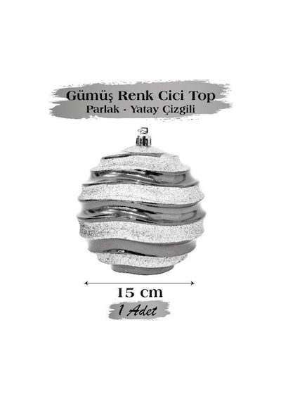 15 Cm Beyaz Yatay Çizgili Parlak Gümüş Yılbaşı Top Süs Büyük Boy Dekoratif Ağaç Süsü
