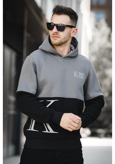 Oksit Kewin Üç İplik Şardonlu Baskılı Çift Renk Parçalı Kapüşonlu Erkek Sweatshirt 001