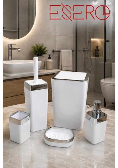 Dante 340 Krom Beyaz 5'li Lüks Banyo Aksesuar Seti Beyaz Krom Çöp Kovası Wc Fırçalık Sıvı Sabunluk Sabunluk Diş Fırçalık Modern Banyo Seti