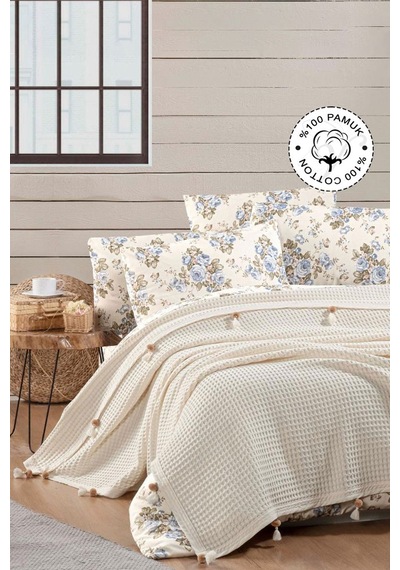 Vionel Home Pamuklu Waffle Desen Ponponlu Çift Kişilik Pike Krem