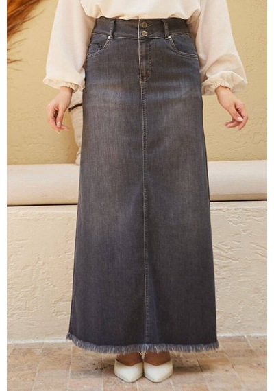Neways 2252-Eteği Püsküllü Denim Etek Koyu Gri