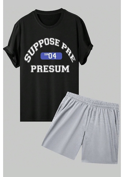 Uyguntarz Unisex Suppose Baskılı Şort Takım Siyah