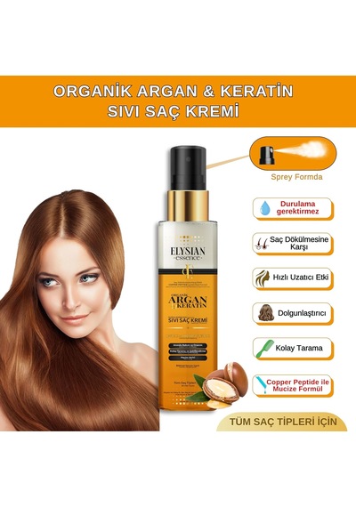 Organik Argan & Keratin Sıvı Saç Kremi Durulanmayan, Dökülme Karşıtı, Onarıcı Ve Dolgunlaştırıcı Bakım Spreyi 150 Ml