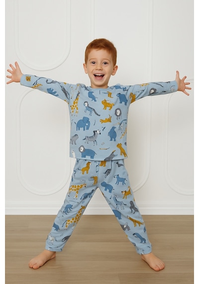 Esila Kids Erkek Çocuk Pijama Takımı Baskılı Uzun Kollu Takım 3-7 Yaş Mavi