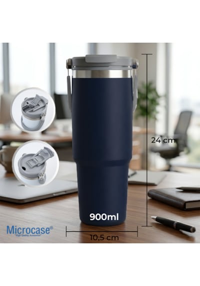 Microcase 900ml Pipetli El Tutacaklı Paslanmaz Çelik Termos Mug - Al5722 Lacivert