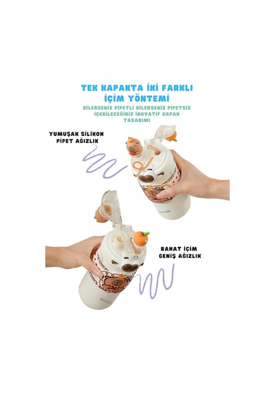 Diller 520ml Sevimli Hayvanlar Süslü Pipetli/pipetsiz Boyun Askılı Paslanmaz Çelik Termos Capybara