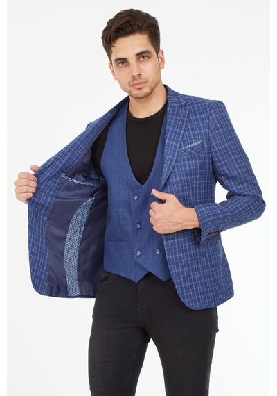 Sposo 5140 Yelekli Dar Kalıp Açık Laci Ekose Erkek Blazer Ceket Açık Lacivert