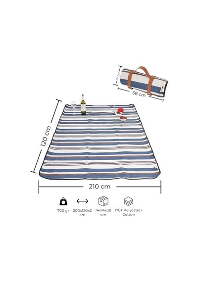 Wunjo Piknik Örtüsü 1.2x2m Mavi-beyaz, Kamp Örtüsü, Plaj Örtüsü, Su Geçirmez, Katlanabilir, Piknik Örtüsü, Taşıma Saplı