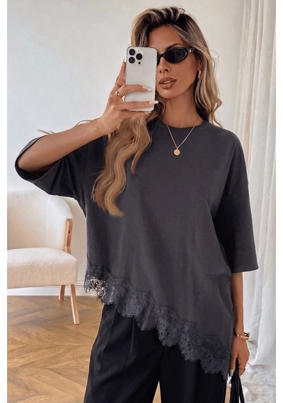 Genius Store Kadın Dantelli Tişört Kahverengi Pamuklu Dantel Detaylı Rahat Kesim Asimetrik Kadın Bluz Dantelli-8989 Füme