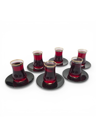 Sudedi Home Altın Yaldızlı Çay Bardağı Seti Siyah Tabaklı 6 Lı Cam Çay Takımı Siyah