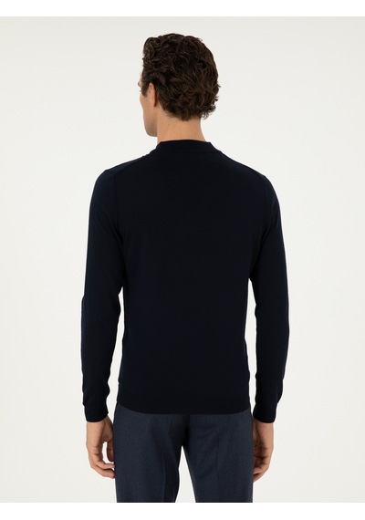Cacharel Lacivert Slim Fit Yün Karışımlı Çeyrek Balıkçı Yaka Basic Triko Kazak