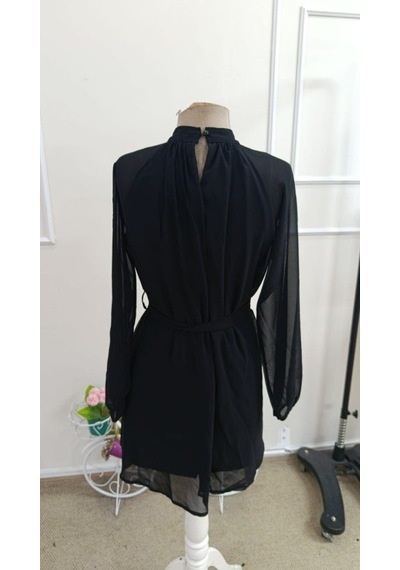 Bhrwear Kadın Uzun Kollu Yarı Balıkçı Yakalı Astar Detaylı Belden Kuşaklı Şifon Kısa Elbise Renkli