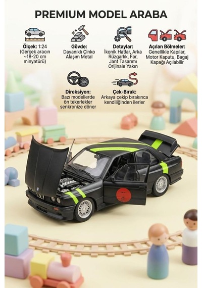 Hobiez World 1:24 Ölçekli Lisanslı Metal BMW M3 Kapıları ve Kaputu Açılabilir Model Araba Siyah