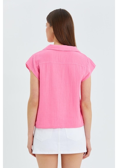 Mixray 4555 Kadın Önü Bağlamalı Müslin Crop Gömlek Pembe