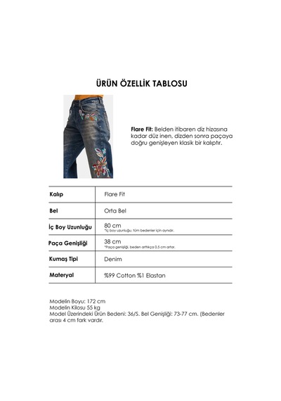 Kadın Kot Rengi 2w6-8 Flare Fit Nakış Detaylı Komfort Kumaş Özel Tasarım Denim Jean Mavi