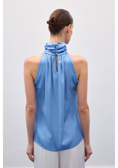Sateen Boğazlı Kolsuz Bluz - Mavi-136545 Mavi