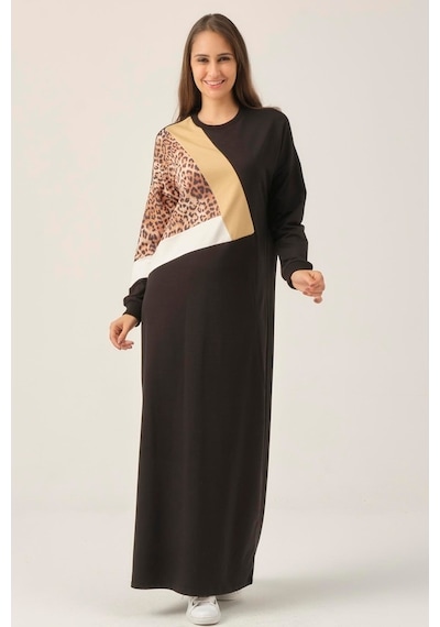 Siyah Leopar Detaylı Maxi Boy Elbise Dm400
