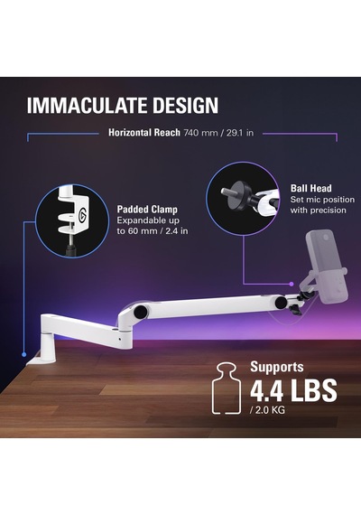 Elgato Wave Mic Arm Lp Mikrofon Kolu, Beyaz, Kablo Yönetimli, Alçak Profil 1