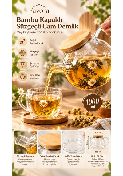 Favora Bambu Kapaklı Süzgeçli Cam Demlik 1000 Ml Şeffaf