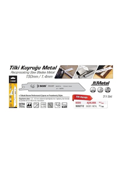 Sgs2712 - S922ef Tilki Kuyruğu Metal Kesme Ucu 150mm / 1.4 Mm 5 Adet