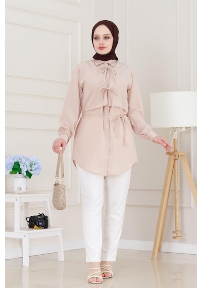 Sevitli Cepken Detaylı Bağlamalı Keten Tunik-bej-5114 Bej