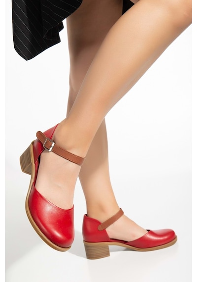Analin Shoes Kadın Hakiki Deri Burnu Kapalı Bilekten Bağlı Sandalet Kırmızı