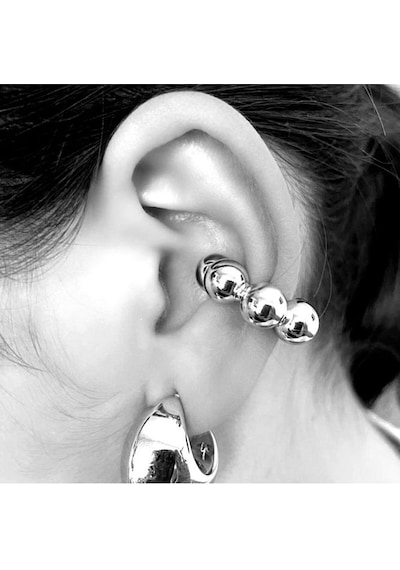 Bombeli Topçuklu Earcuff Kıkırdak Küpe Büyük Boy Silver Renkli