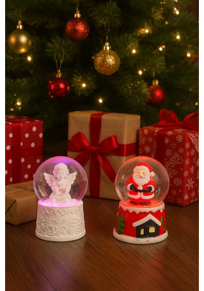 Ev Dekoru Yeni Yıl Huzuru Işıklı Santa Melek Figürlü Ve Noel Baba Temalı Kar Küresi 2'li Seti 6.5 Cm Çok Renkli