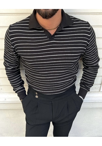 Siyah Erkek Slim Fit Polo Yaka Patlı Triko Kazak-trz19132r04s Siyah