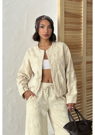 Verymoda Çiçek Nakışlı Fermuarlı Ceket F1948 Taş