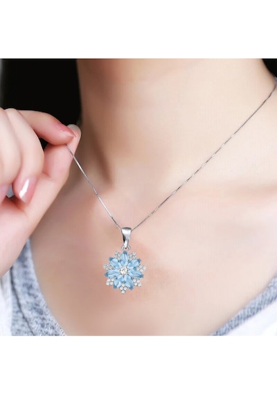 Brezza Lusso Jewelry  Aquamarin Taşlı Pırlanta Model Lotus Çiçeği Kadın Gümüş Kolye 45 CM 45 CM
