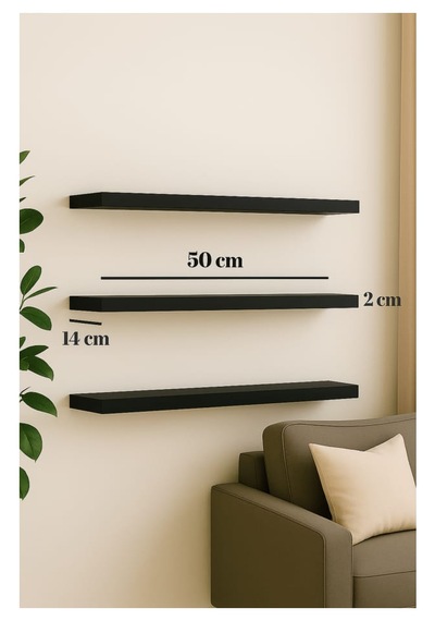 50 Cm 2li Mat Siyah Mdf Uçan Duvar Rafı Gizli Bağlantı Kitaplık