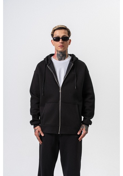 Erkek Respire Yazı Detaylı Kapüşonlu Basic Zip Oversize Hoodie Siyah