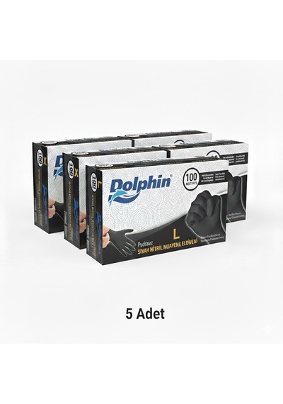 Dolphin L Beden, 5 Kutu, Siyah, Nitril Eldiven, Pudrasız, Latekssiz, Kutuda 100 Adet