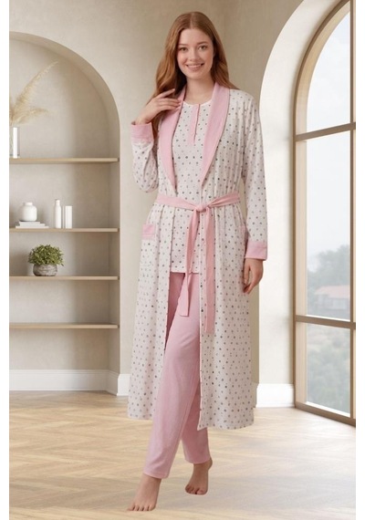 Mecit Pijama Mecit 6358 Pembe Kadın Uzun Sabahlıklı Pijama Takımı