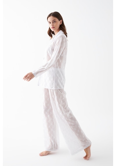 Akbeniz Kadın Beyaz Şeffaf Jakar Düğmeli Pijama Takımı