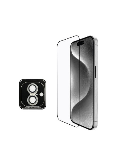 Apple Uyumlu iPhone 16 Guess Lisanslı 3'lü Aksesuar Seti Kılıf-ekran Koruyucu-lens Koruyucu Siyah