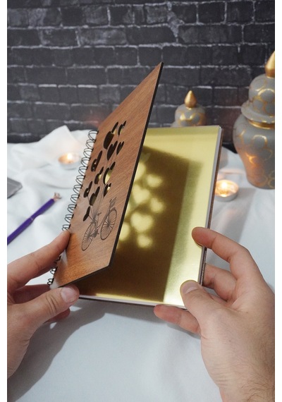 A5 Spiralli Balonlu Bisiklet Ahşap Defter - Günlük - Çizgisiz Defter Ahşap Rengi Ceviz A5 Notebook