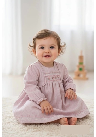 Lamato Baby Robası Sıra Çiçekli Bebe Kız Elbise Pudra