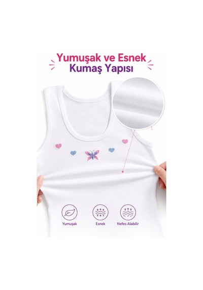 Tutku 6'lı Paket Kız Çocuk Geniş Askılı İşlemeli Atlet %100 Pamuk Tkc0166 Beyaz