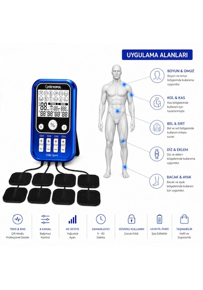 Fizyopol Elite Sport,4 Kanal 8 Elektrod Çıkışlı,profesyonel Şarj Edilebilir Bataryalı,portatif Tens Ems Cihazı