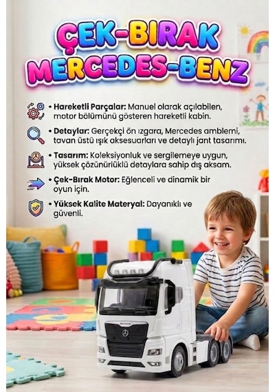 Mercedes Actroc Çek-bırak Mekanizmalı Metal Gerçekçi Tasarımlı Devrilebilir Kabinli Oyuncak Tır Beyaz