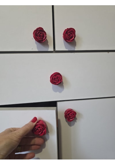 Dafniart 6 Lı Kırmızı Gül Şeklinde Çekmece Dolap Kulp 4-5 Cm