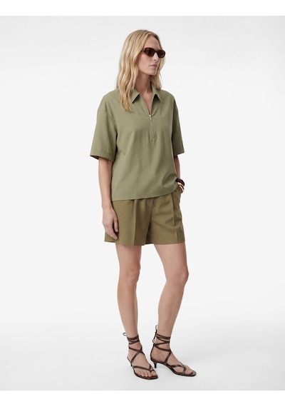 Koton Cupro Kumaş Gömlek Yaka Yarım Fermuarlı Kısa Kollu Oversize Bluz Haki 6sak60053pw