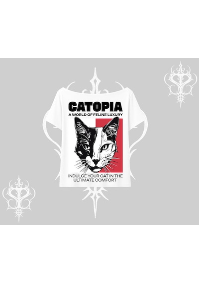 Tarzsokak Modern Kedi Temalı Arka Baskılı Kayık Yaka Tshirt Beyaz